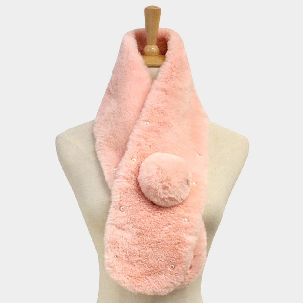 Pink Faux Fur Pearl Style Pull Through Scarf Collar Winter Fashion Accessory